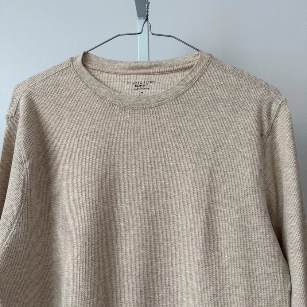 STRUCTURE sz M Mens Long Sleeve Thermal‎ Knit Slim Fit Shirt Beige Casual
